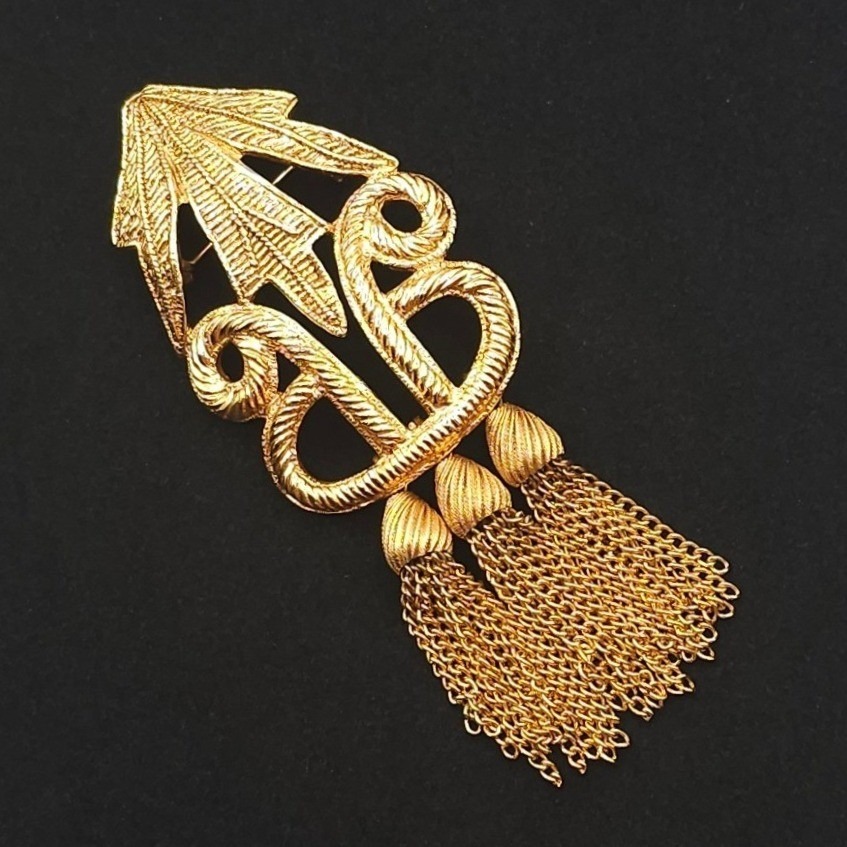 Designer Carol Dauplaise 4 Tassel Brooch Statement Gold Tone Vtg Knot Dangle 85$